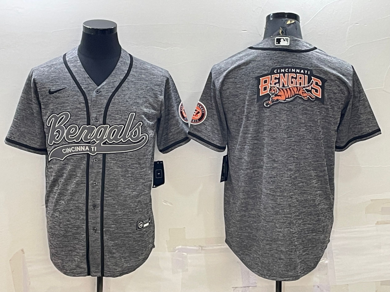 Men's Cincinnati Bengals Grey Team Big Logo With Patch Cool Base Stitched Baseball Jersey